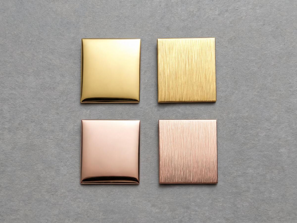 A close-up of three jewelry sample swatches laid on a neutral gray surface, showing different gold plating shades and metal finishes side by side