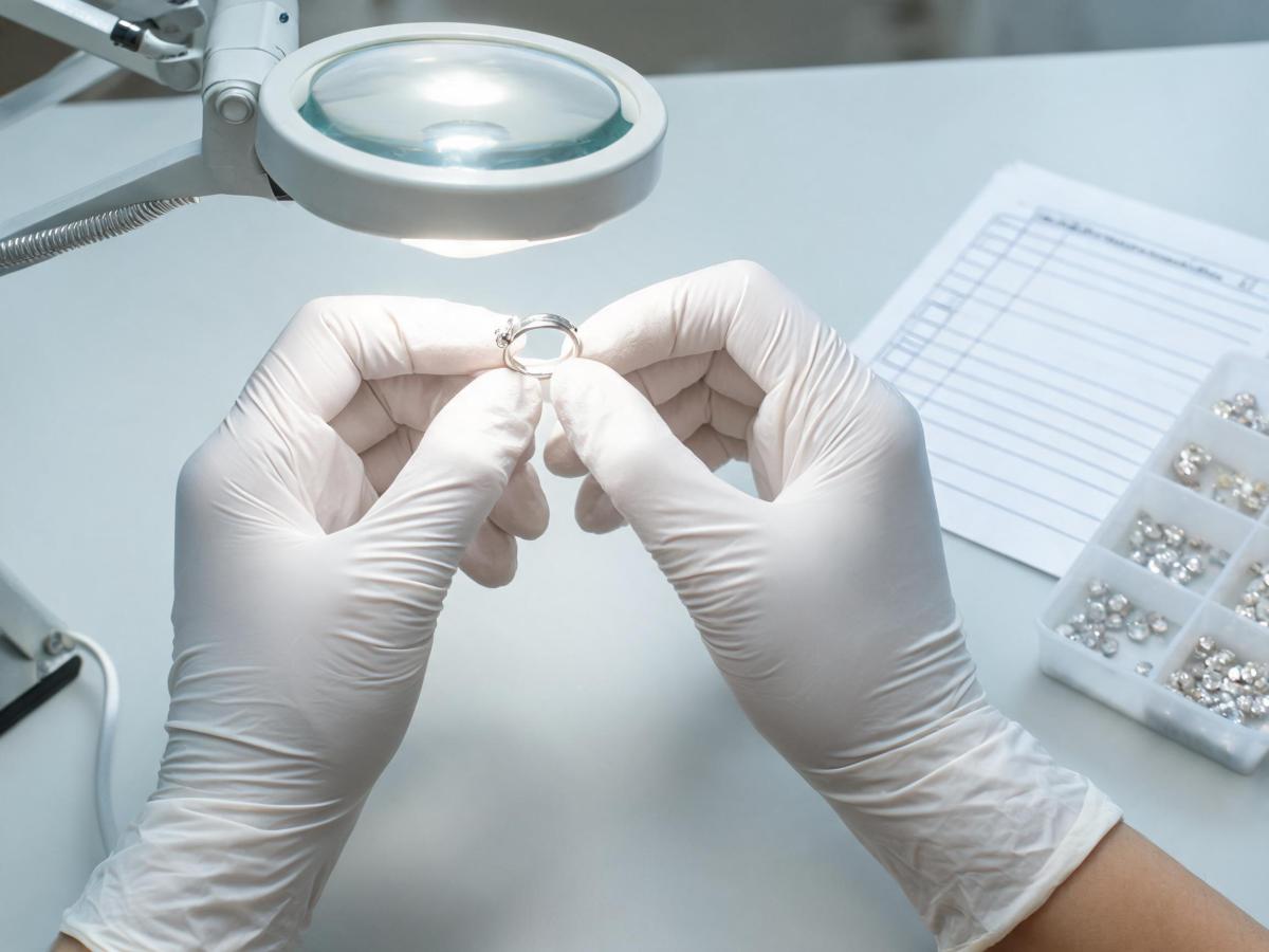 A jeweler's quality control specialist inspects a silver ring prototype under a magnifying lamp, with a handwritten check sheet beside the work surface