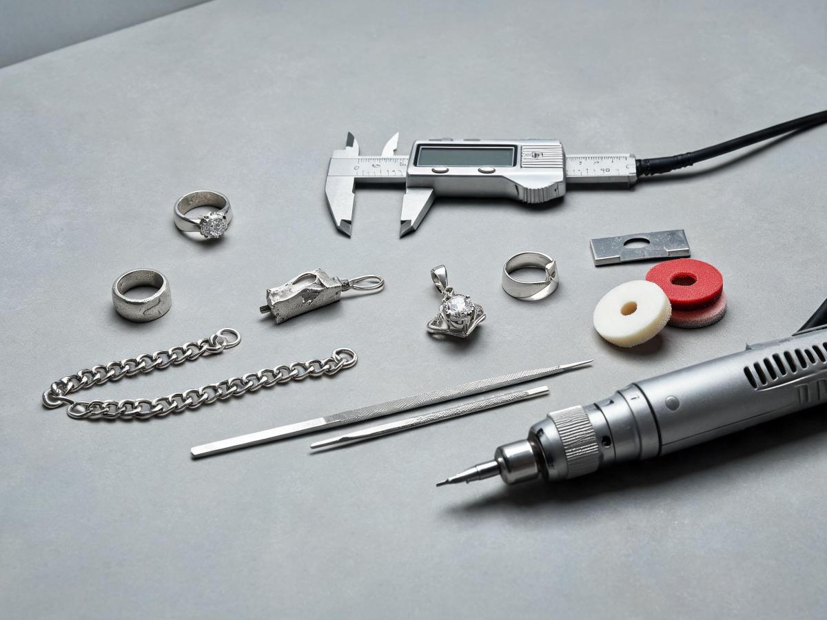 A collection of unfinished and finished jewelry prototypes arranged on a neutral workbench alongside calipers and a metal gauge