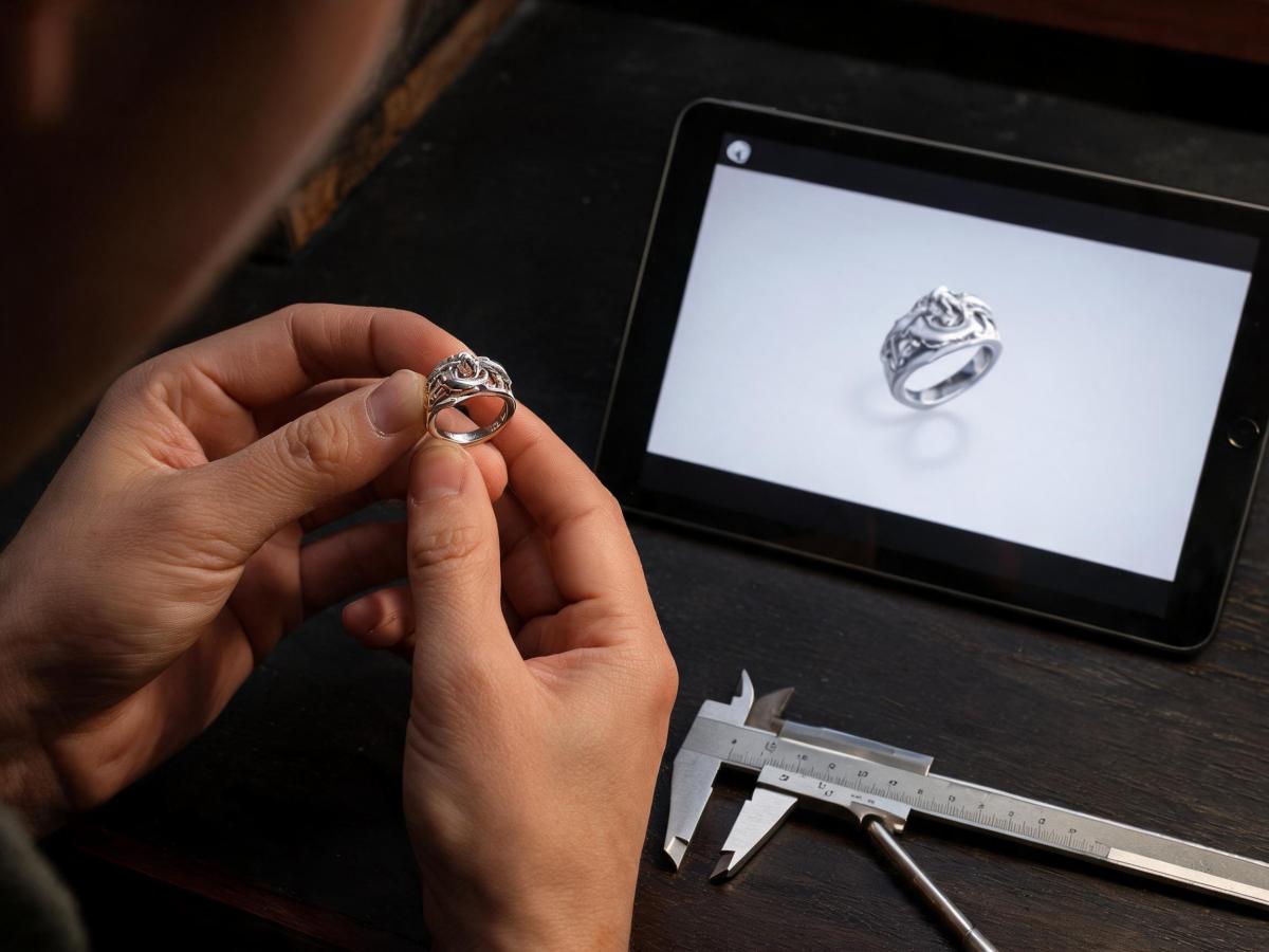 Close-up of a jeweler’s hands holding a freshly cast custom jewelry sample next to a digital CAD render on a tablet, with small metal calipers on the workbench