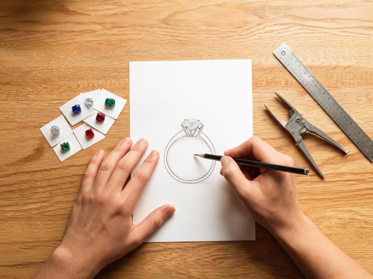 Jewelry designer reviewing hand-drawn ring sketches with metal calipers and stone sample cards on a wooden worktable