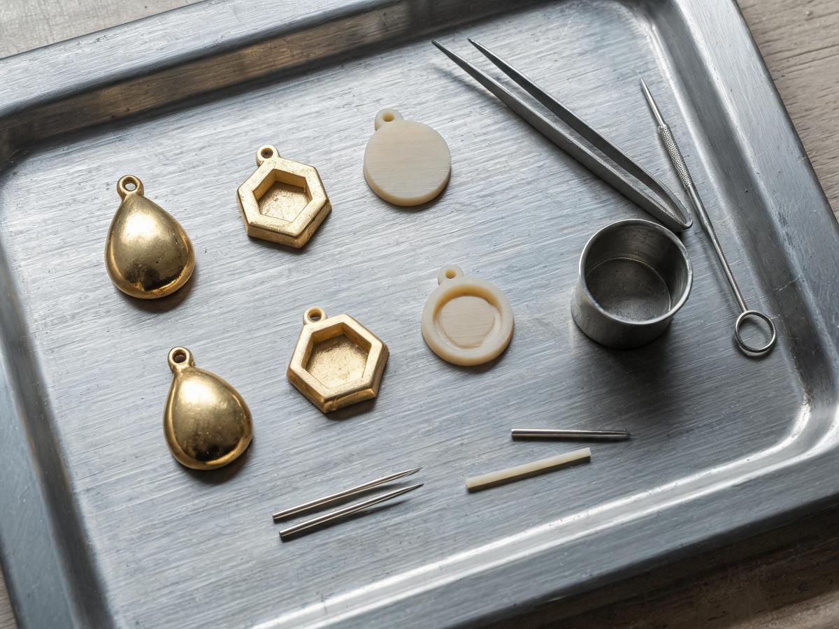 Close-up of unfinished cast jewelry pendants and wax patterns arranged on a metal work tray next to small casting tools